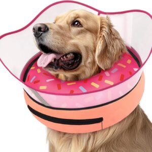 Inflatable dog recovery collar with adjustable strap and hook closure
