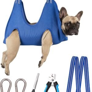 Pet grooming hammock with nail trimming tools and support