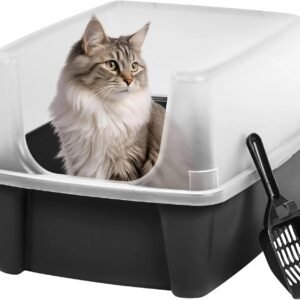 Cat litter pan with high sides and scatter shield