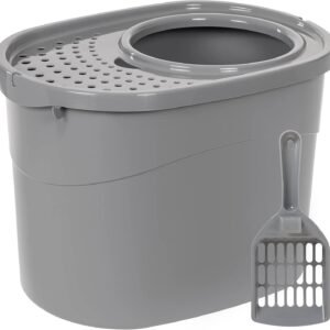 Cat litter box with high sides and top entry design